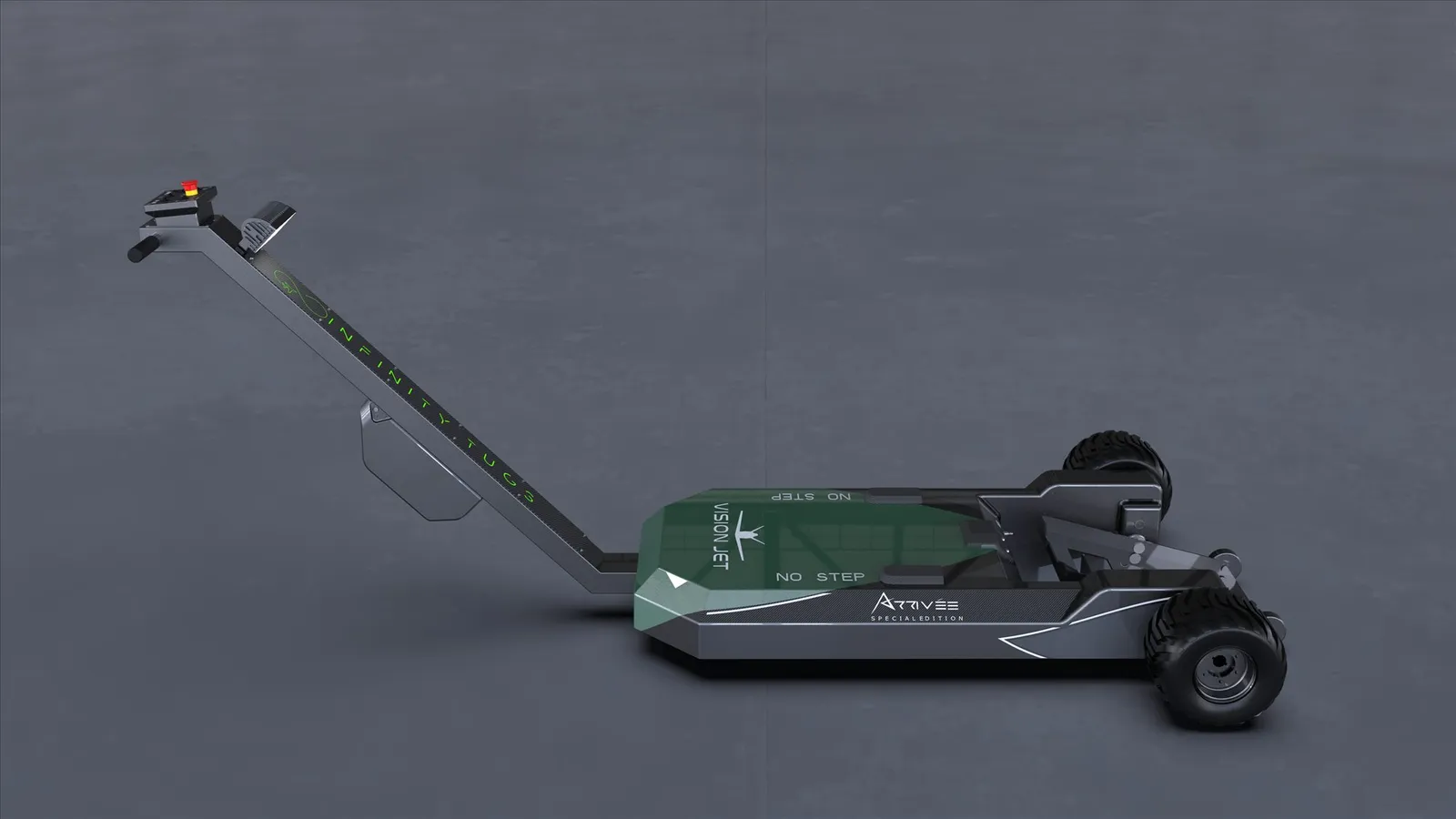 Close-up of the laser-etched Infinity Tugs wordmark glowing on a carbon-fiber tow arm